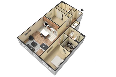 illustration of the first floor of a two bedroom apartment
